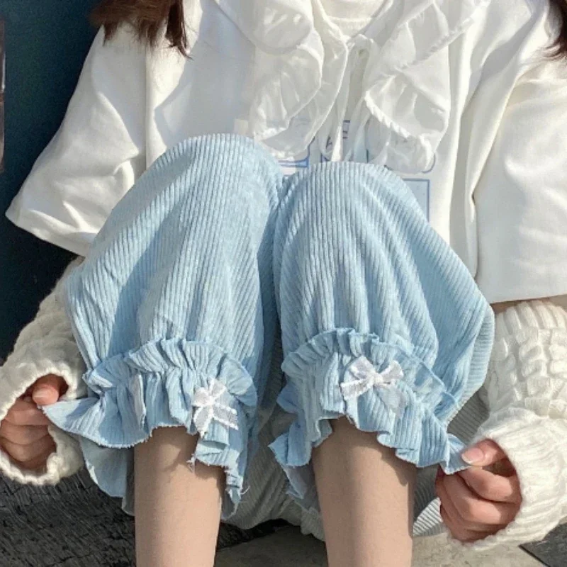 

Japanese Lolita Womens Kawaii High Waist Corduroy Pants Sweet Bow Ruffles Wide Leg Sweatpants Girly Clothing Loose Cute Trousers