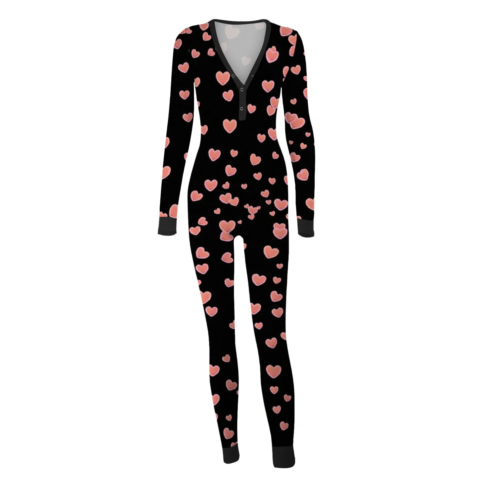 Women Romper Jumpsuit Long Sleeve Playsuit Bodysuit Onesies Button Down Sleepwear Heart Print Nightgowns
