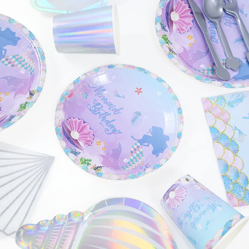 Mermaid Birthday Party Disposable Tableware Set Under The Sea Party Little Mermaid Girls 1st Birthday Decoration Shell Balloons