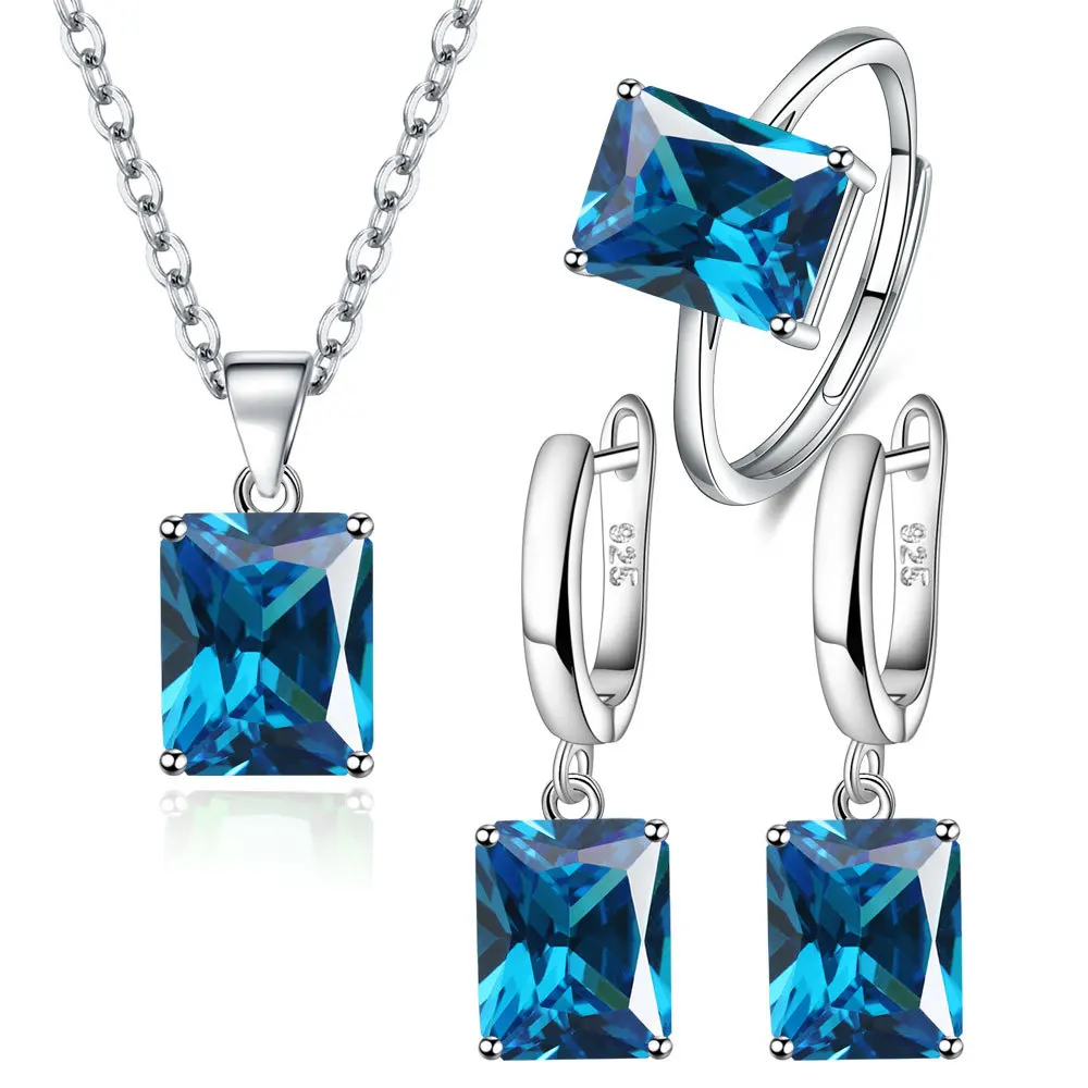 Blue Square Zircon Pendant Necklace Earrings Ring Jewelry Sets for Women Romantic Fashion Wedding Jewelry Sets Gifts