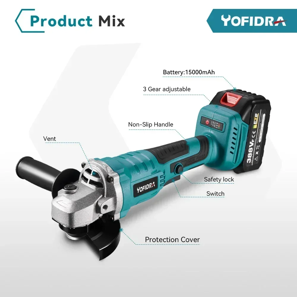 100mm Brushless Angle Grinder 3 Gears Cordless Cutting Polishing Woodworking Power Tools For 18V-21V Battery Electric Angle Grinder Electric Grinder
