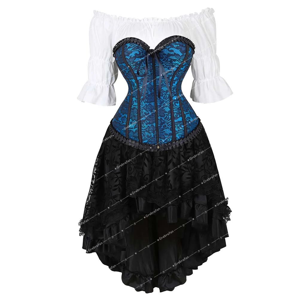 

Corset Bustier Dress Suit Zip Corsets Bustiers Outfits Steampunk Vintage Korsett Skirt with Blouse Set Waist Trainer Bodysuit