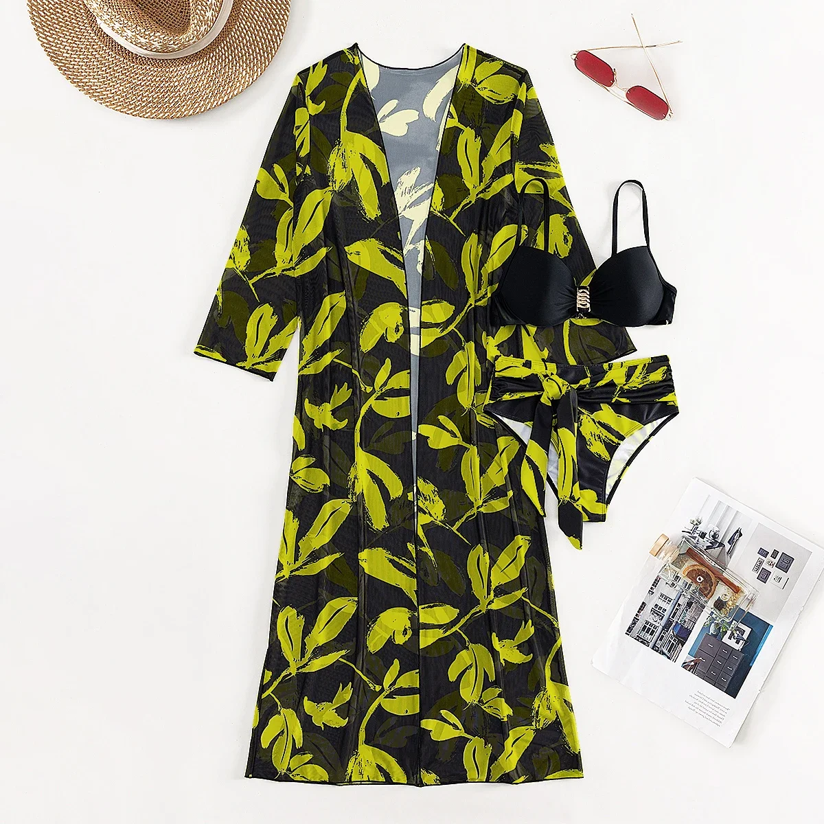 2024 Three Pieces Bikini Set Cover Up Swimwear Women Swimsuit Print Long Sleeve Push Up Bathing Suit Beachwear Swimming Biquini