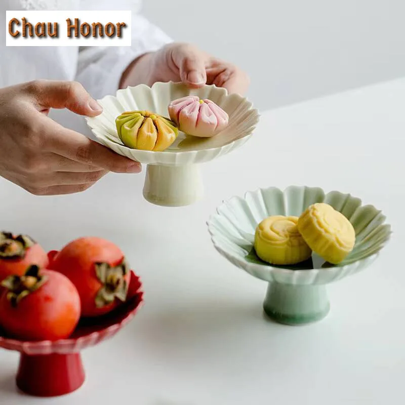 Creative Lotus Petal Ceramic Tea Plate Household High Foot Fruit Plate Snack Fruit Tray Dried Fruit Snack Plate Home Decoration