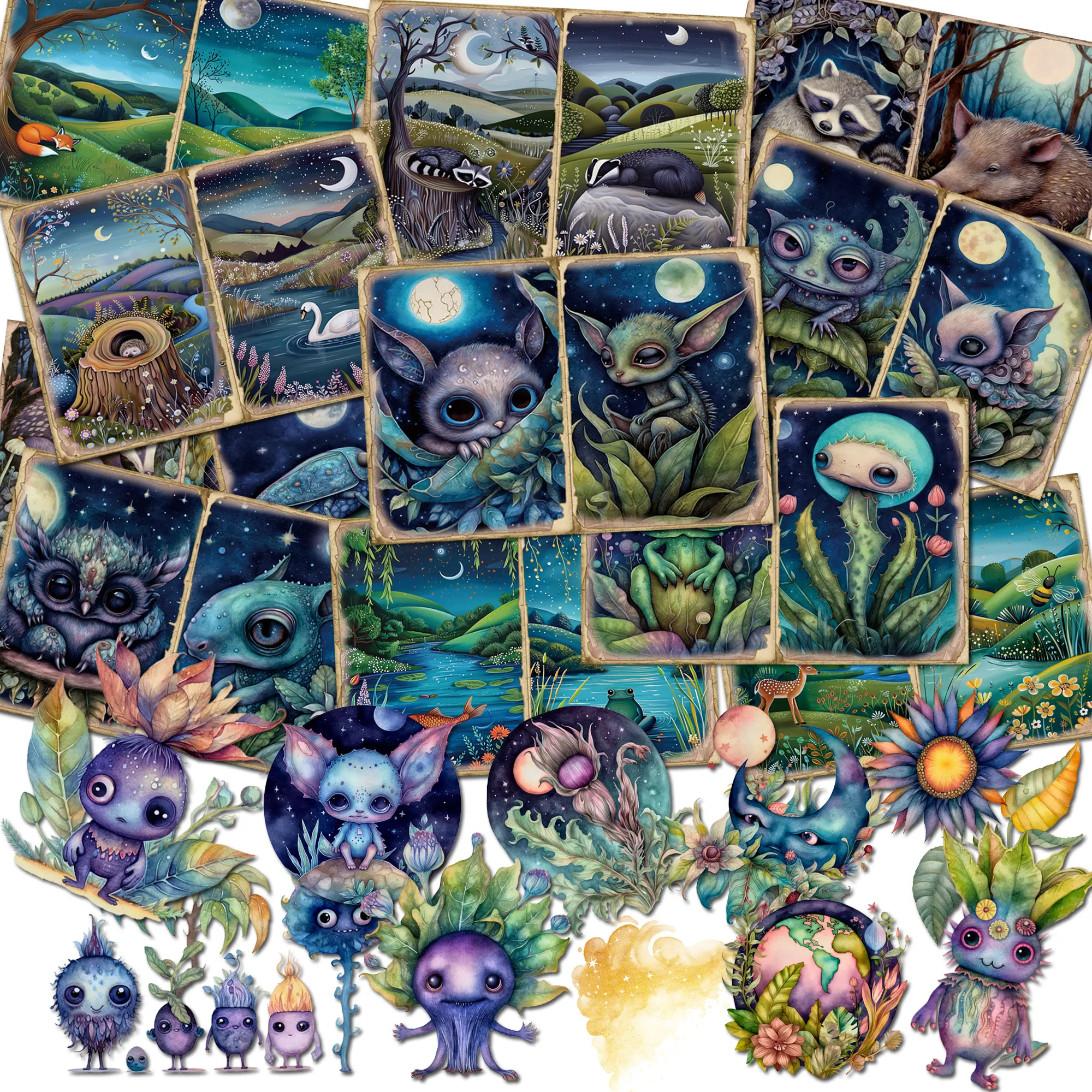Vintage Moonlight Monster Theme DIY Scrapbook Set 60pieces Stickers Scrapbooking Supplies
