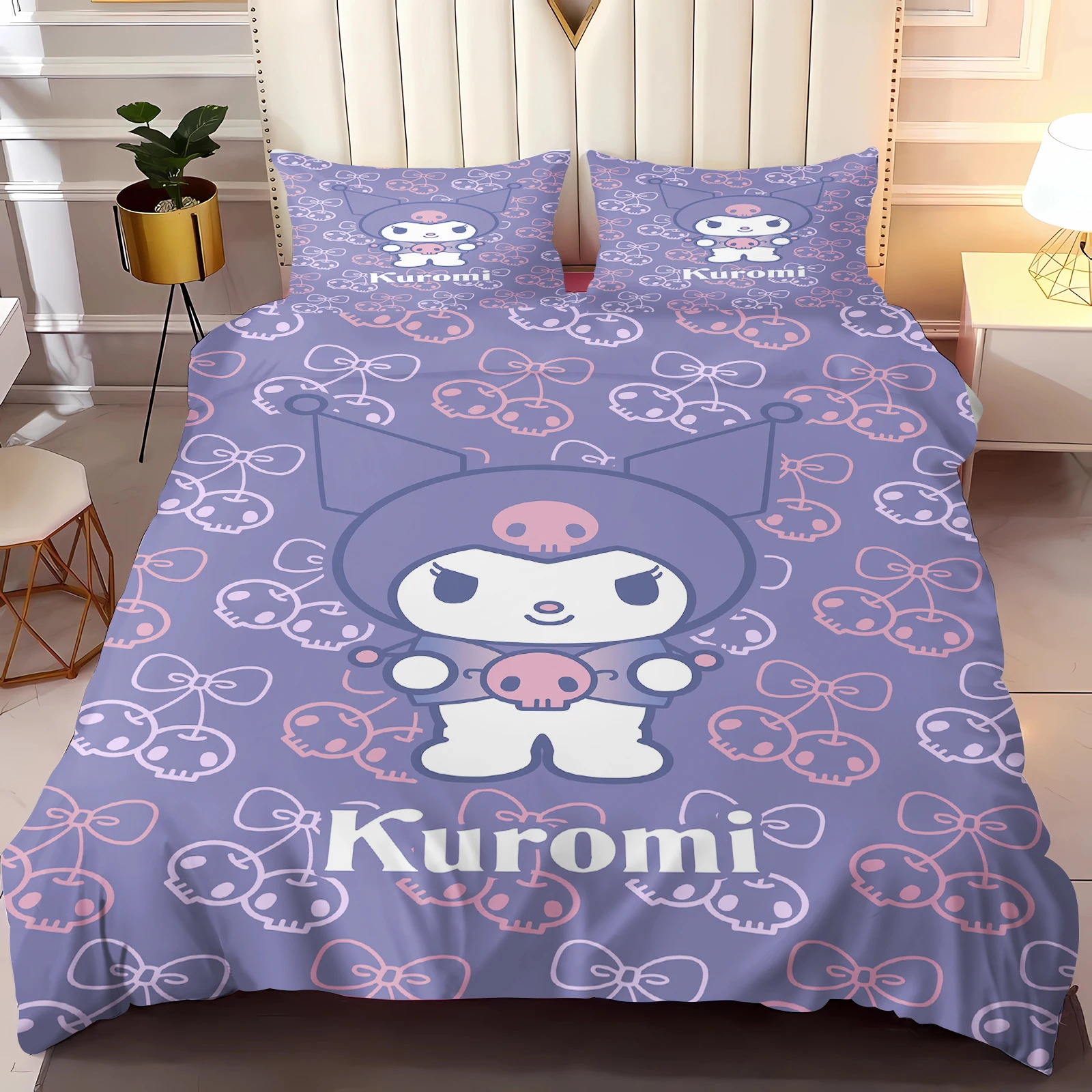 Conjunto de capa de edredom Kuromi 100% poliéster 3D Conjuntos de cama infantil King Size Conjuntos de edredom