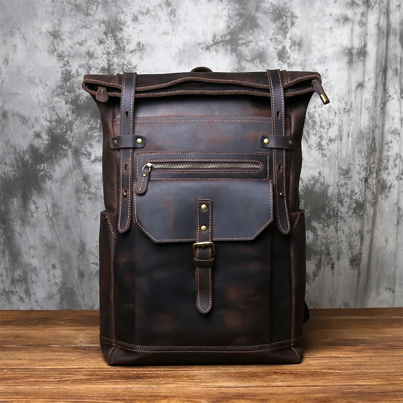 NZPJ Vintage Genuine Leather Men's Backpack Crazy Horse Leather Computer Bag Natural Top layer Cowhide Backpack Travel Bag 2
