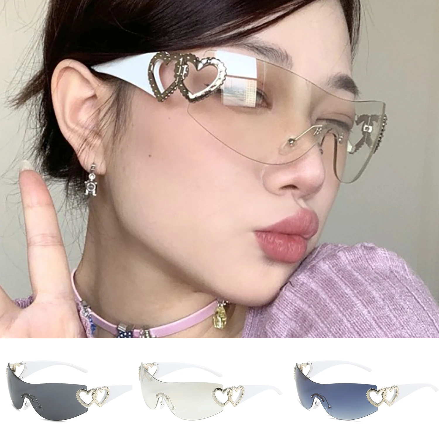 

New Rimless One Piece Sunglasses Women Fashion Heart Sun Glasses For Female 2000's Wraparound Shades Eyewear Y2k Sports Goggles
