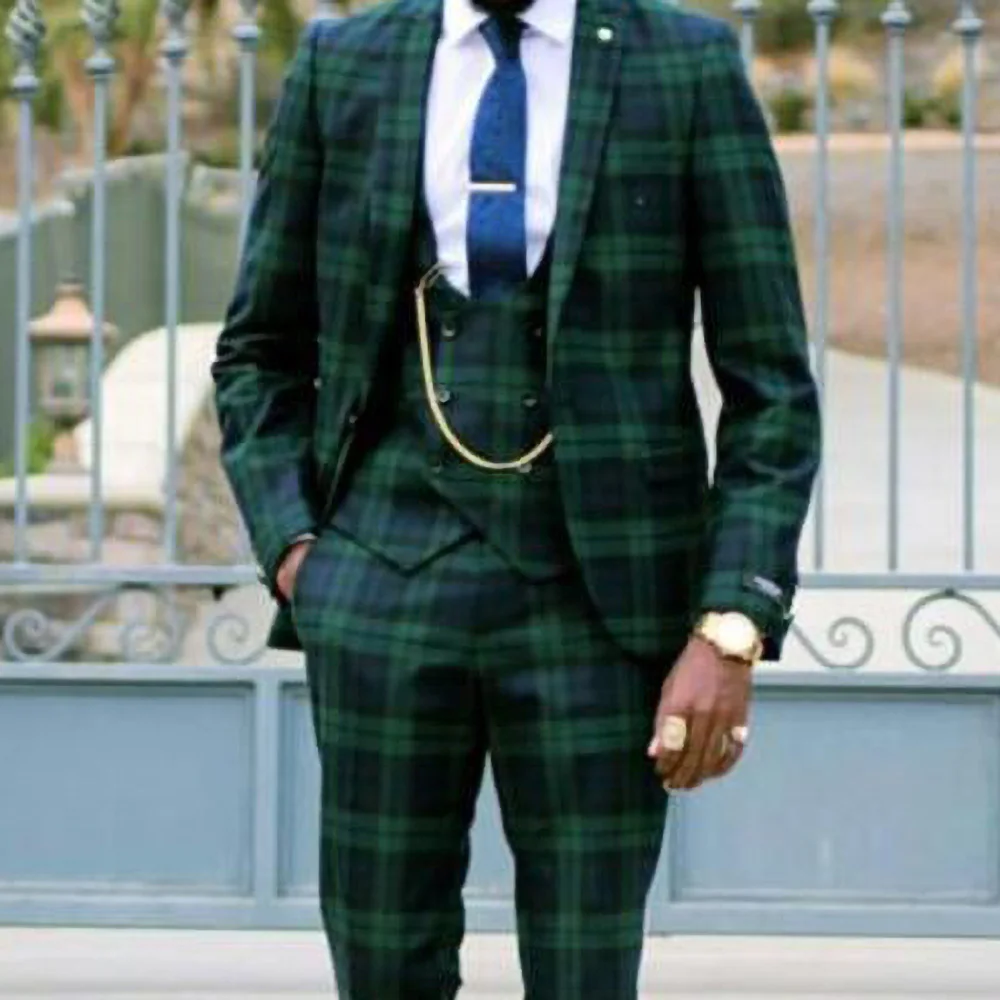 Vintage Mens Suit 3 Pieces Dark Green Plaid Peak Lapel Formal Suits Wedding Business Groom Wear Jacket Pant Vest