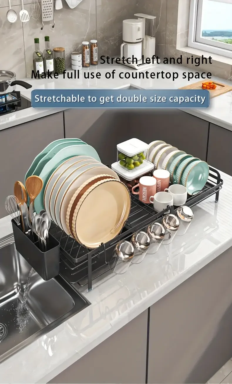 Expandable Dish Rack - Adjustable Kitchen Countertop Organizer with Utensil & Cup Holders
