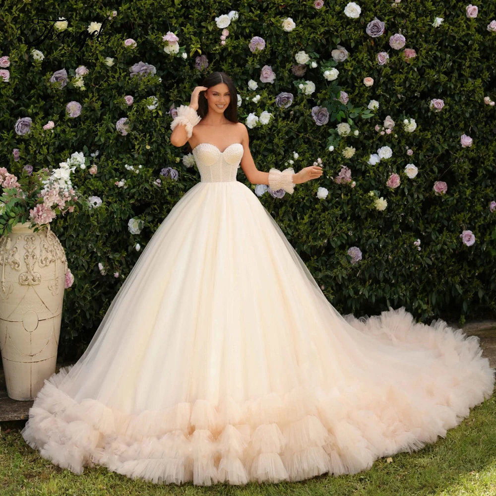 

Traugel Ball Gown Stunning Wedding Dresses Strapless Ruffles Vestido De Novia Lace Beaded Court Train Backless Robe De Mariee