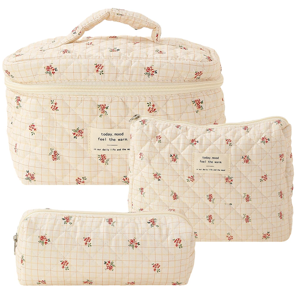 3pcs/set Ladies Quilted Cotton Storage Bag Aesthetic Printed Makeup Bag Women's Large Capacity Toiletry Organizer Cosmetic Pouch 2