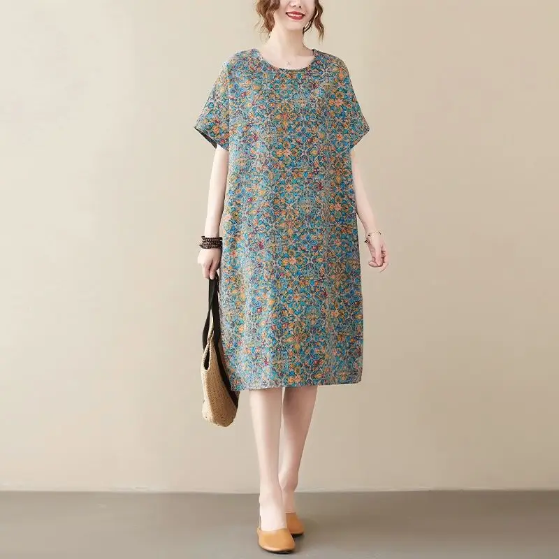 

Женское платье с коротким рукавом, свободное облегающее платье средней длины с круглым вырезом и карманами в этническом ретро-стиле