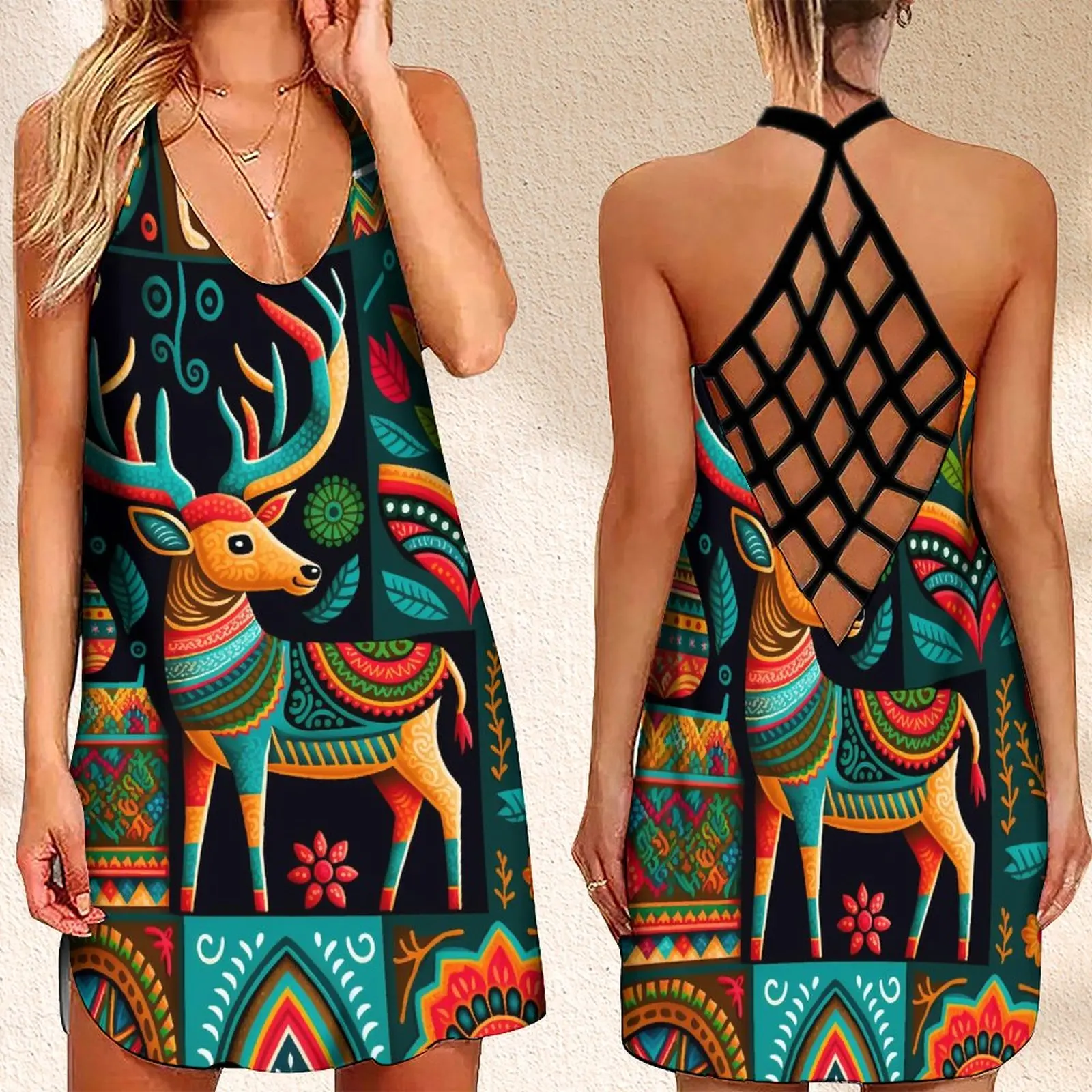 

Summer Women's Criss Cross Backless Sleeveless Dress BohoWomens Dresses Mayan Motifs DeerPrint Clothes For Woman