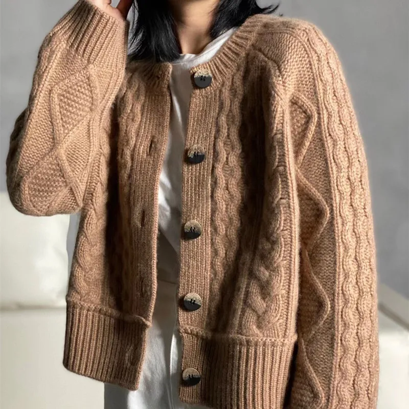 Fall Winter New Style 100% Pure Wool Sweater Cashmere Cardigan Women Loose Lazy O-Neck Twist Cardigans Thick Warm Knitted Jacket 5