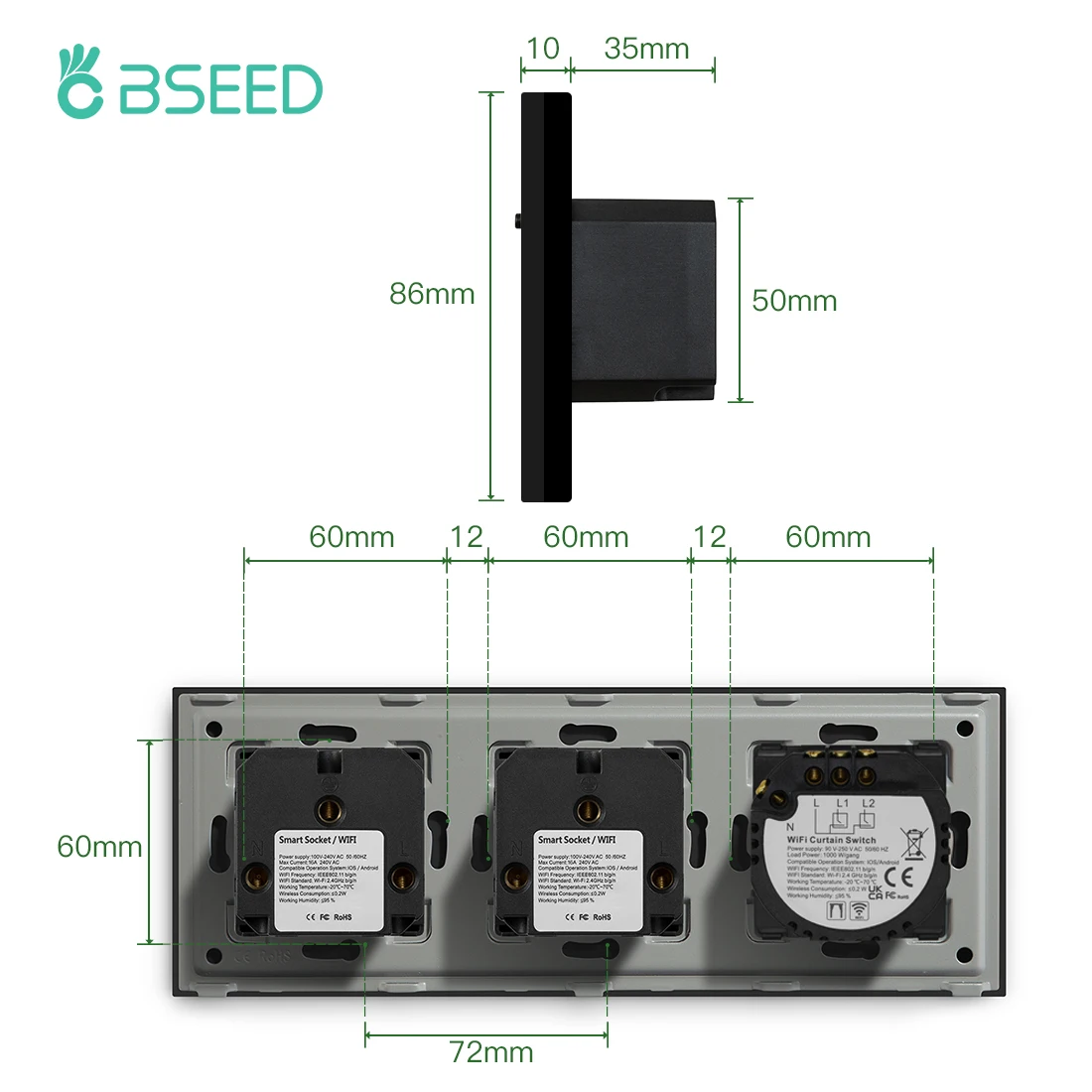 BSEED 투야 와이파이 커튼 스위치 터치 플러스 더블 스마트 EU 소켓 플러그, 스마트 라이프 구글 홈 알렉사 무선 제어