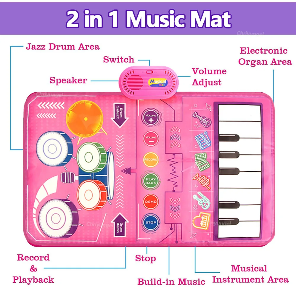 2 In 1 Piano Mat for Kids Piano Keyboard & Jazz Drum Music Touch Play Carpet Baby Toddlers Music Instrument Education Toys Gift 5