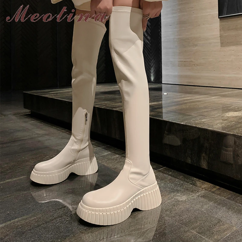 

Meotina Women Genuine Leather Over-the-Knee Long Boots Round Toe Platform Block High Heels Zipper Gogo Boots Ladies Shoes Winter