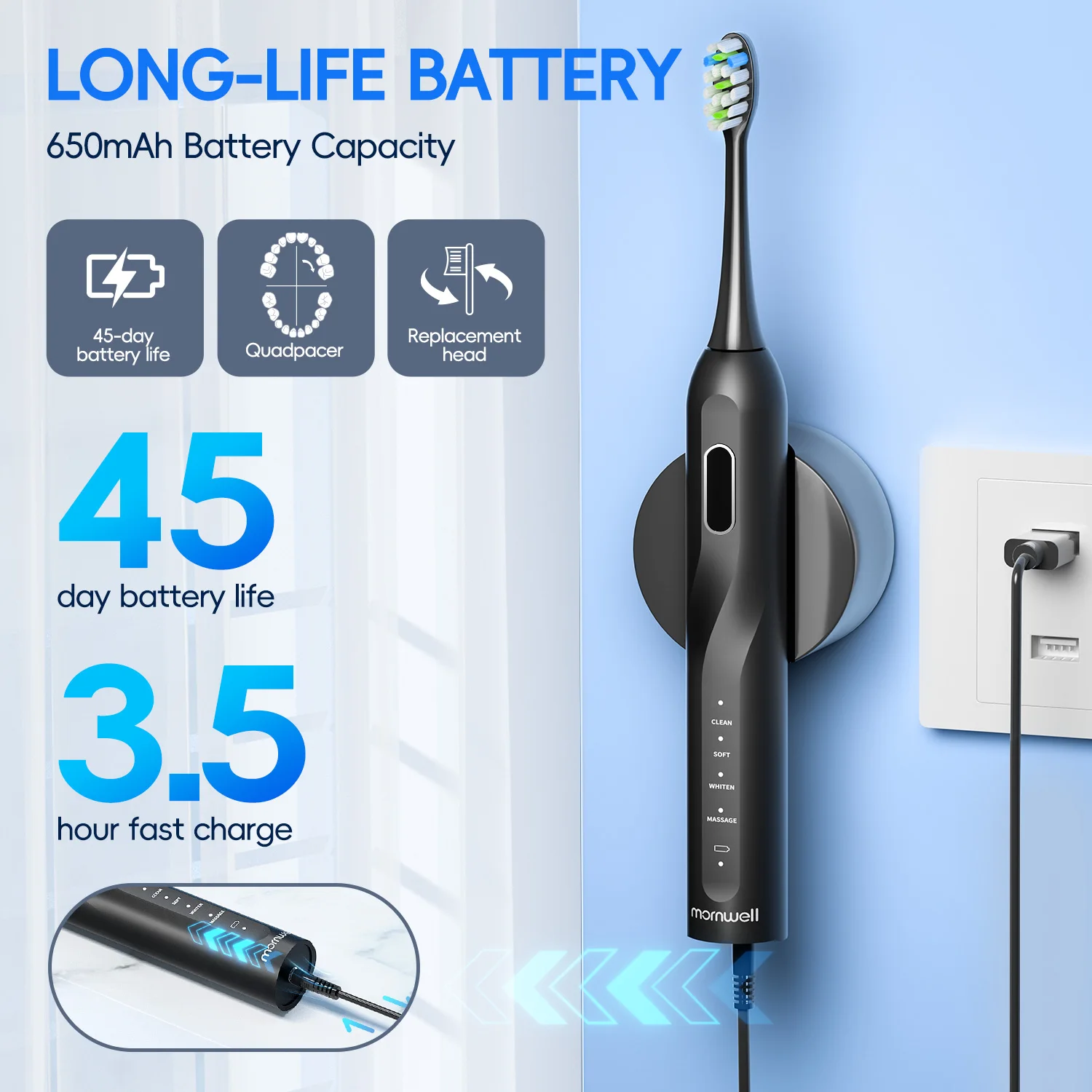 Electric Sonic Toothbrush USB Charge Rechargeable Waterproof Electronic 8 Replacement Heads Adult
