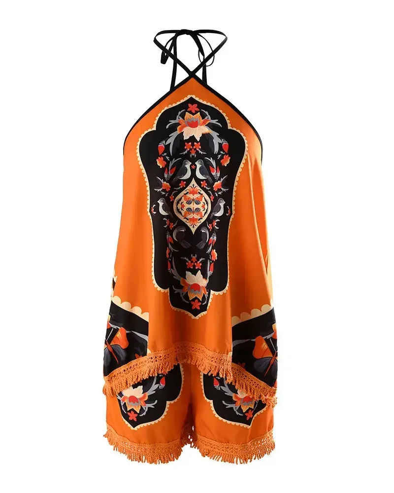 Women Two Piece Outfits 2024 New Wome Tribal Print Tassel Trim Halter Top & Vintage Shorts Set