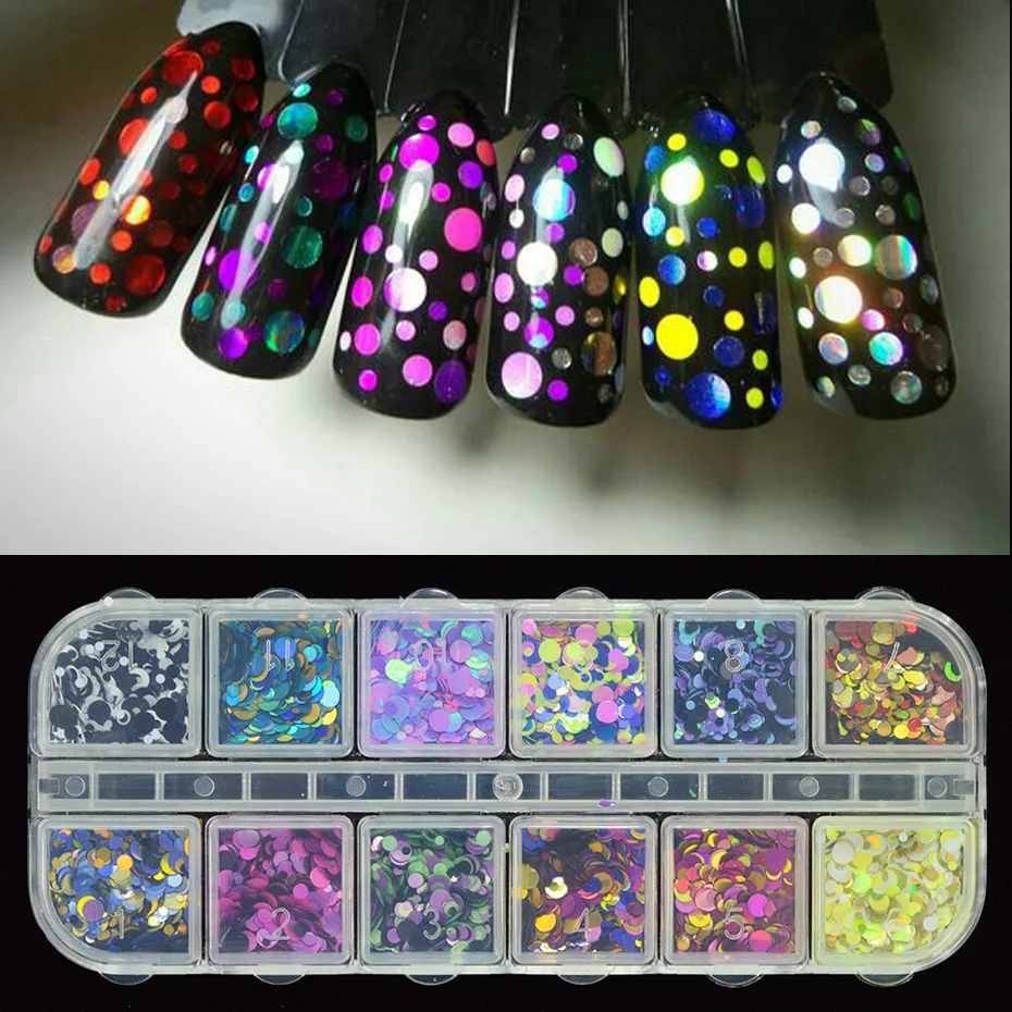 12Grid Nail Glitter Powder Mixed Color Round 3D Flakes Sequins Holographic Shiny Manicure Nail Art Decoration Accessories