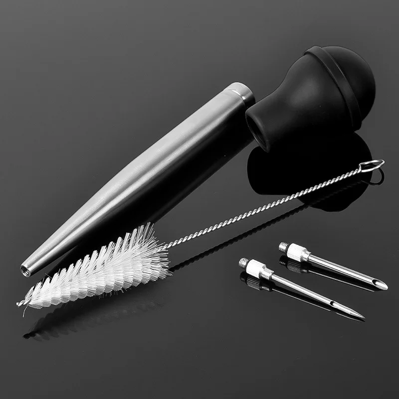 Stainless Steel Turkey Baster Syringe Rubber Bulb Manual Pump Injector With Needle And Cleaning Brush Bbq Seasoning Tool