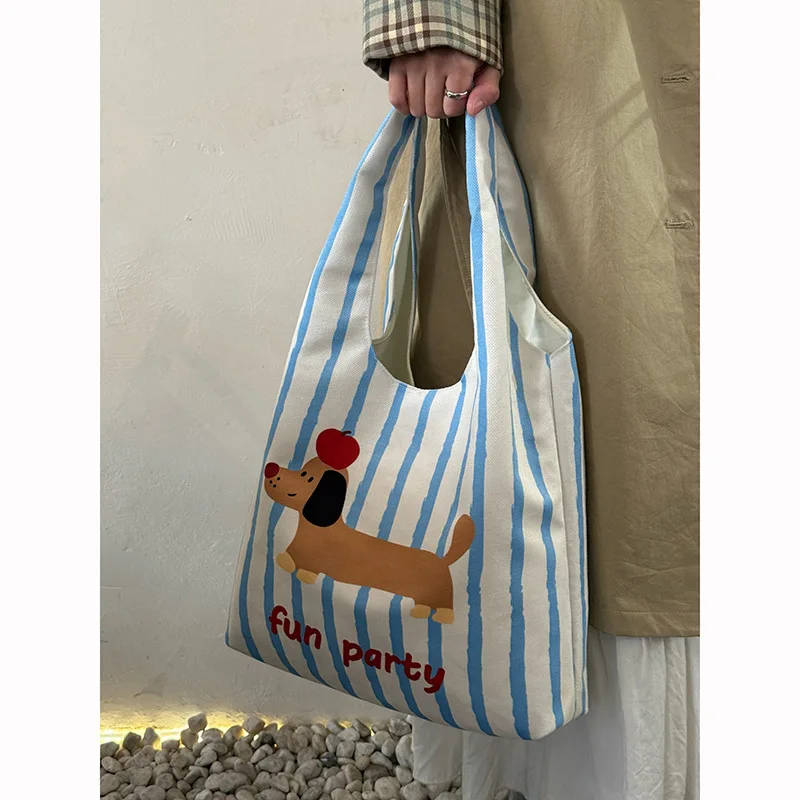 Cute Sausage Dog Striped Canvas Bag, New Niche Design, Single Shoulder Armpit Bag, Large Capacity Commuting Tote Bag