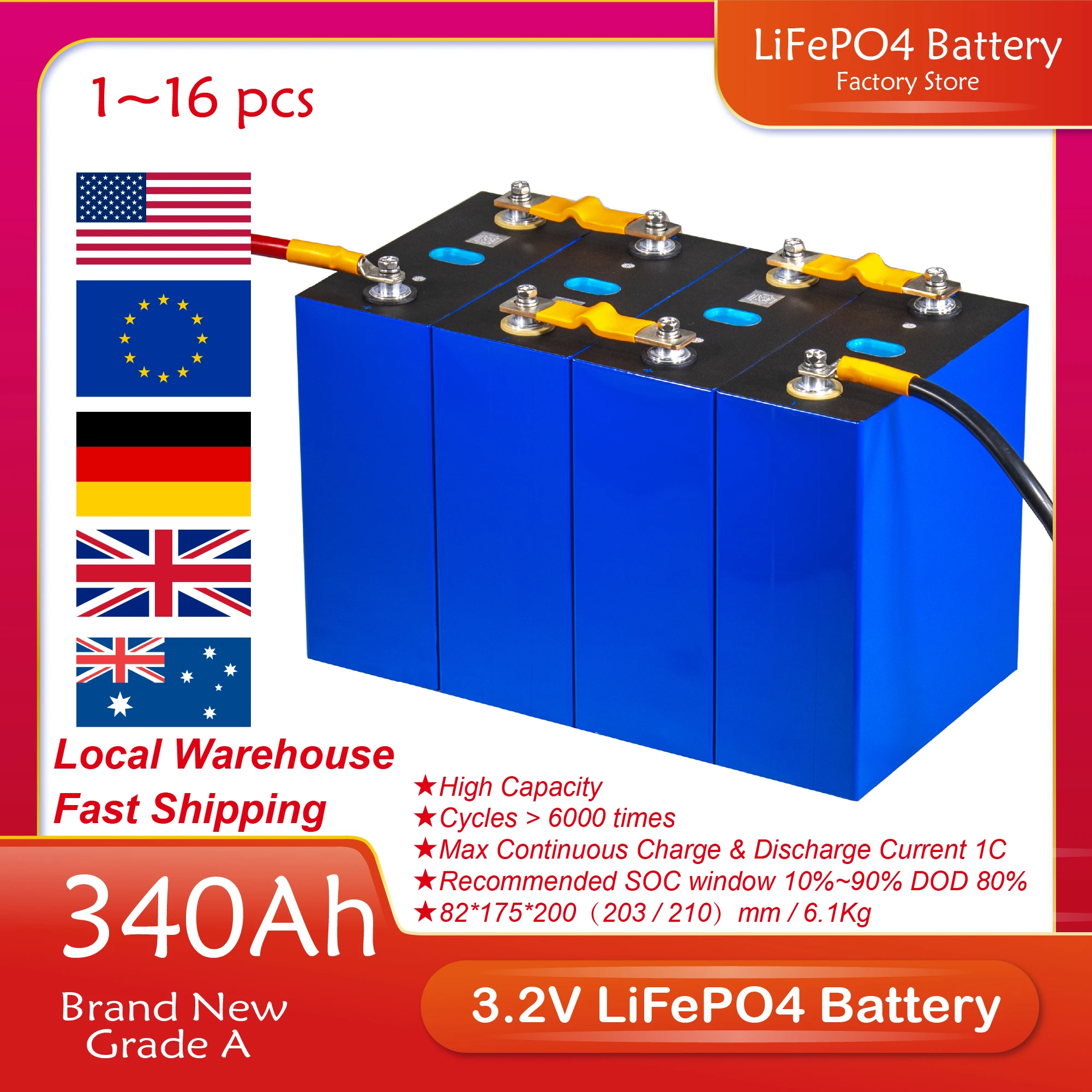 

Brand New Grade A 4/8/16/32/48PCS 340AH 3.2V LiFePO4 Battery DIY 12V 24V 48V With Free Busbars for Home Solar Energy Storage