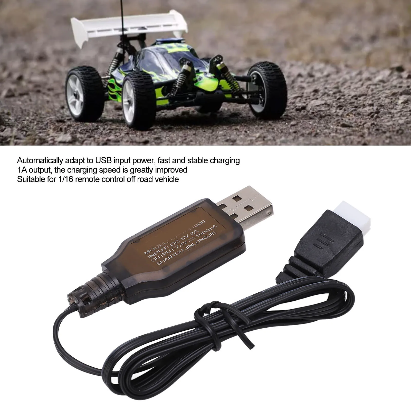 Chargeur de batterie Lipo 7.4V 1000mA avec câble USB pour voiture RC 1/16, câble USB branché
