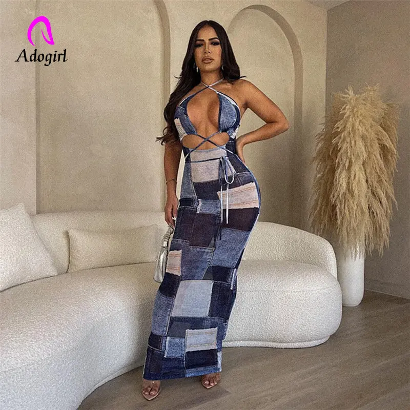 

Fake Denim Printed Mesh Hollow Out Dress Maxi Sexy Club Bodycon Evening Dresses Women 2023 Elegant Luxury Halter V Neck Dresses