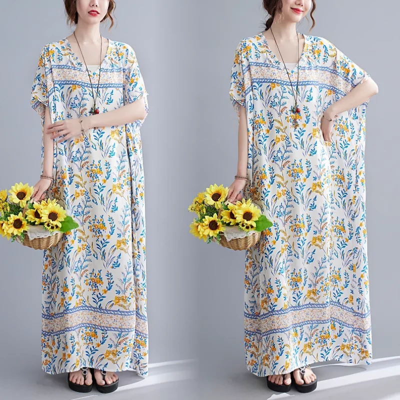 Summer Style Nightdresses Women Sleepwear Long Dress V-Neck Nightgown Plus Size Nightwear loose Can Outside Wear