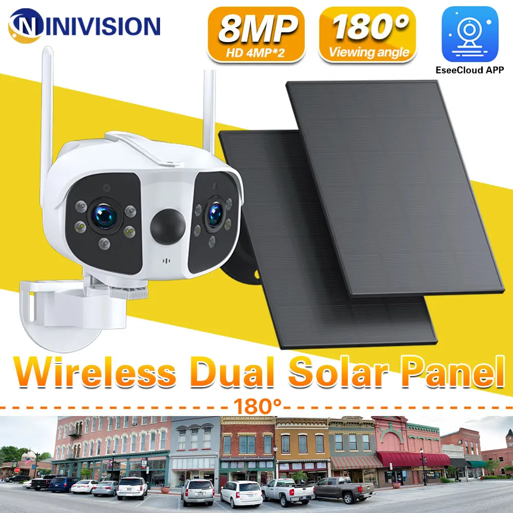 

8MP Dual Lens Dual Solar Panel Camera 180° Wide Angle 4K WIFI Wireless Security Outdoor Built-in Battery Video Surveillance Cam