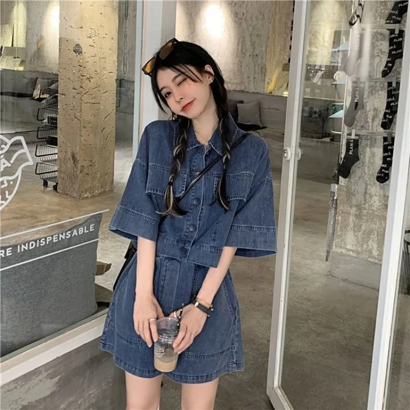 

Vintage Matching Sets Turn Down Collar Three Quarter Sleeve Top High Waist Pockets Shorts Solid Color Summer Denim Two Piece Set