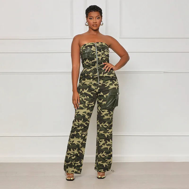

2023 Sleeveless Strapless Women Sexy Camouflage Print Jumpsuits Elastic Slash Neck Adjustable Waist Pockets Cargo Pants Rompers