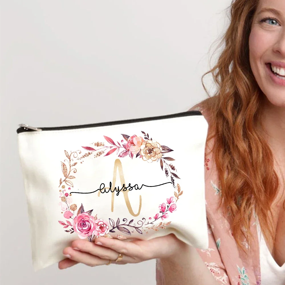 Personalized Initial with Name Makeup Bag Bridal Cosmetic Case Canvas Monogram Toiletry Pouch Birthday Wedding Bridesmaid Gifts 6