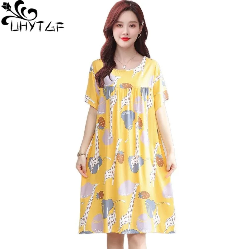 UHYTGF Cotton Silk Summer Pajamas Dress Women's Short Sleeve Pullover Large Swing Nightdress Female Home Clothes Sleepwear 2360