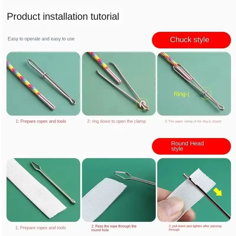 2Pcs Stainless Steel Garment Clips Sewing DIY Tools Elastic Band Tape Punch Cross Stitch Threader Wear Rope Elastic Clamp Sewing Tool