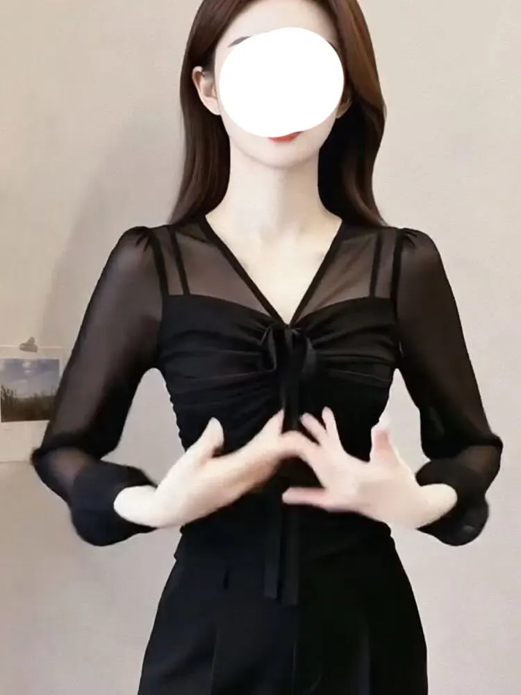 세련된 주름 장식 벨트 긴팔 V넥 슬리밍 셔츠 여성용 아름다운 스타일리쉬 탑 봄 여름 신상품