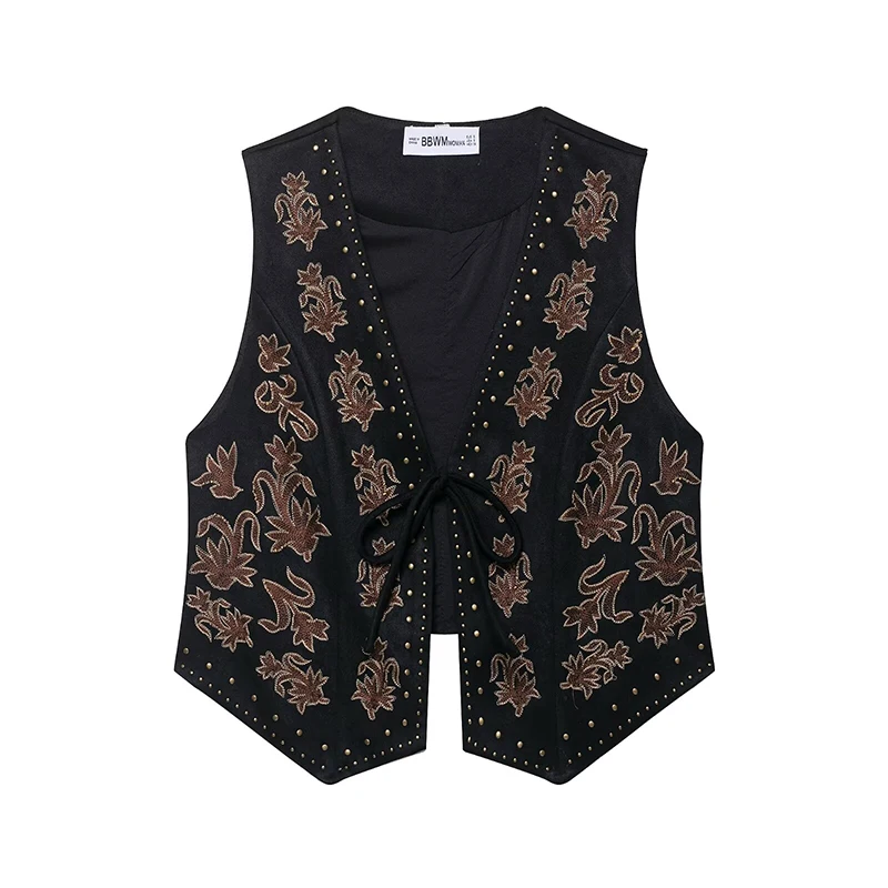 Chic Fashion Bead Embroidery Vest Woman Faux Suede Vests For Women V Neck Sleeveless Front Lace Up Waistcoat Vintage Crop Top