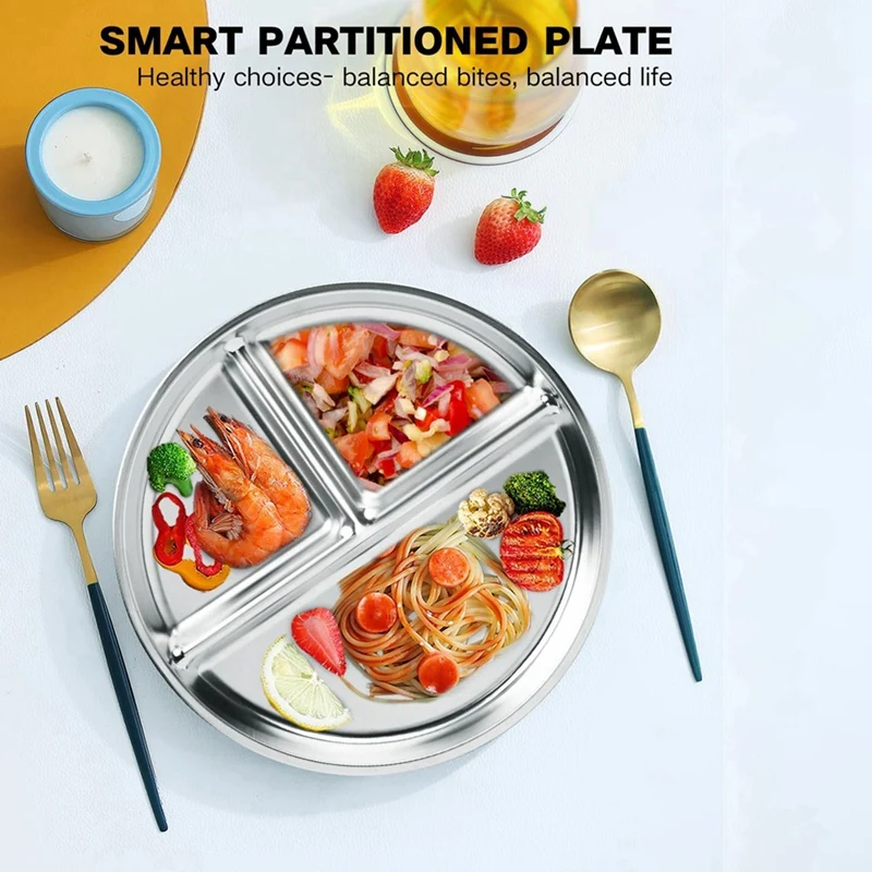 Stainless Steel Kids Plates 2 Packs,9Inch Portion Control Plate Divided Plates For Adults Bariatric Weight Loss Diabetic