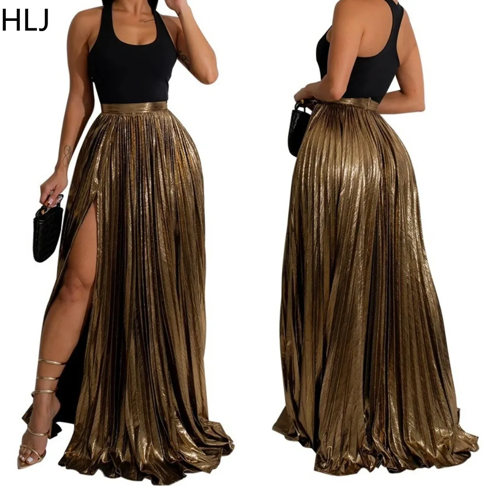 HLJ Fashion Solid Color High Slit Pleated Skirt Women High Waisted Loose Party Club Clothing Spring Female Matching Bottoms 2024 [fila]loose fit slit hoodie