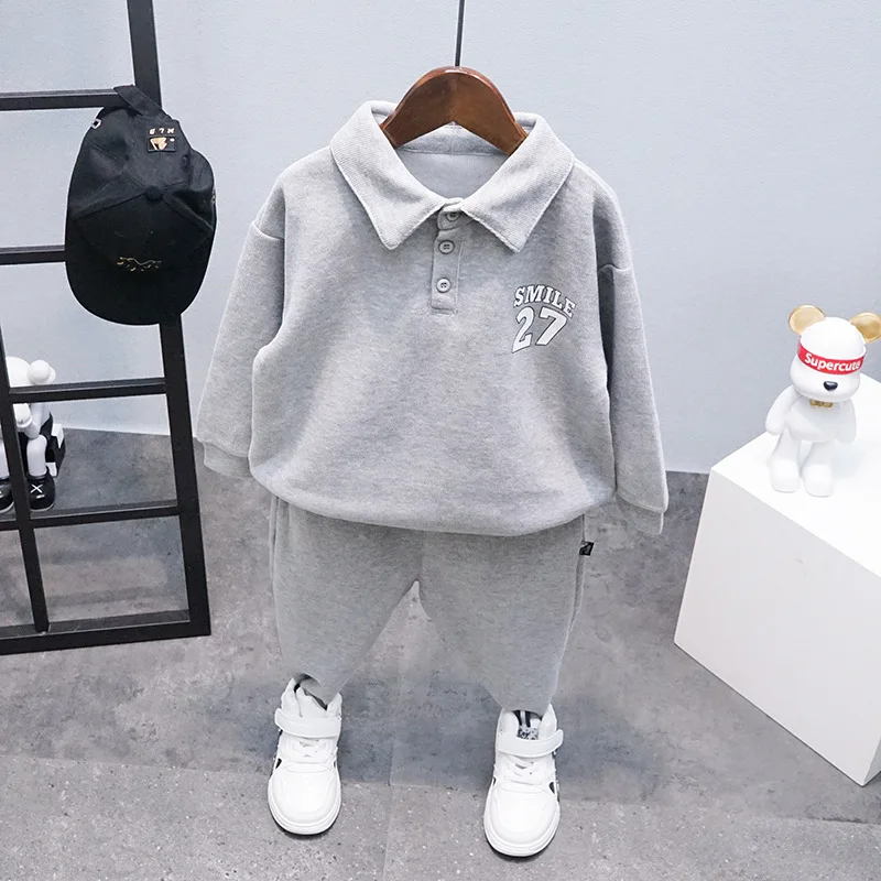 

Casual Cotton Baby Boy Sport Suit 2023 Spring Lacel Long Sleeve Grey Top+Pant 2PC Boys Clothing Sets For 2-10 Yrs