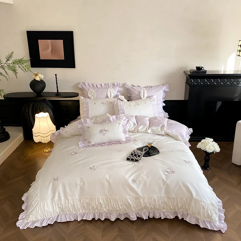 Delicate Flowers Embroidery Princess Bedding Set 1000TC Egyptian Cotton Duvet Cover Flat Fitted Sheet Pillowcases - King Size