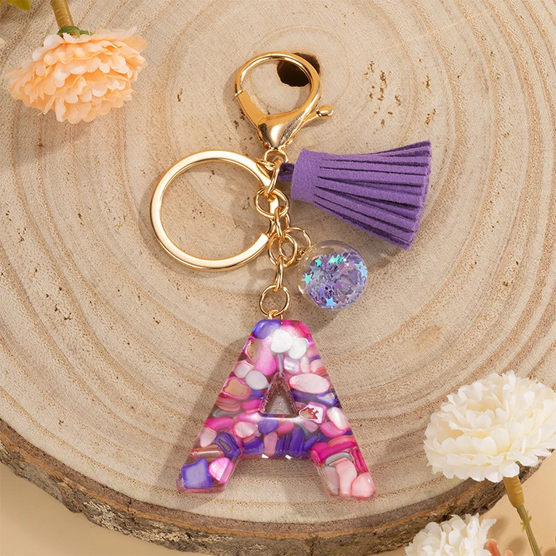 26 Initials Letter Keychains with Tassels Handbag Car Key Chains Pendants Glitter Resin Alphabet Keyrings Ornament Accessories