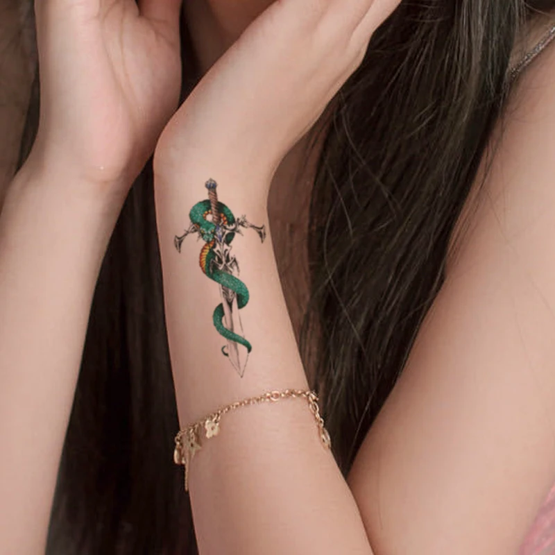 

Temporary Tattoo Stickers Watercolor Green Snake Jewelry Sword Totem Fake Tattoos Waterproof Tatoos Arm Leg Large Size Women Men