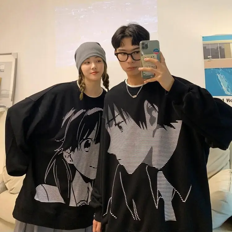 Anime Print  Sweatshirts 2022 Autumn Winter Japanese Harajuku Cartoon Couples Pullovers Black Gothic Hoodies Streetwear s 5xl couples coats 2022 new winter zipper hoodies coats women thick fleece faux fur plush teddy coat woman men outwear jackets