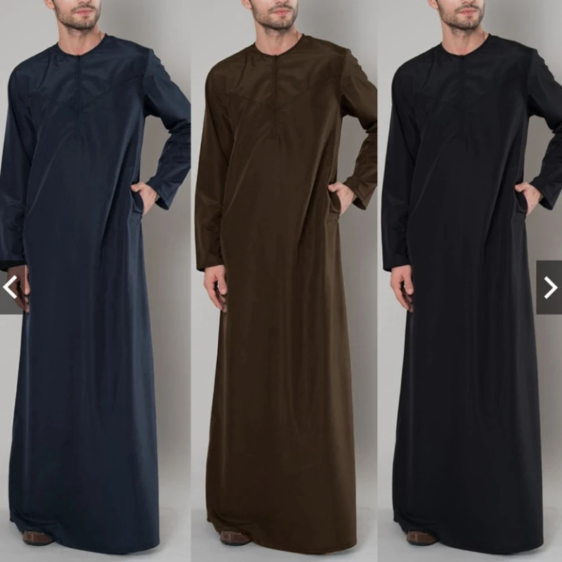 

2023 Islam Ramadan Abaya Loose Thobes for Men Zipper Shirt Saudi Black Abayas for Middle East Arab Dubai Traditional Men's Robe