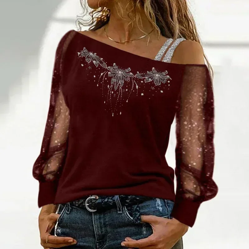Women Fashion Diagonal Collar Long Sleeve Tops Ladies Sexy Off Shoulder Loose T-shirts Net Yarn Pullover Blouses Christmas Tree