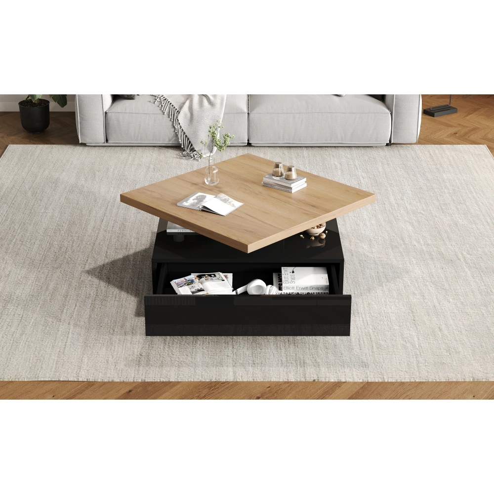Multifunktionales Quadrat 360° ° Drehbarer Couchtisch, Hochglänzender 2-stufiger Mitteldrehtisch, Aufbewahrungsschrank, Beistelltisch für das Wohnzimmer – Detail 36