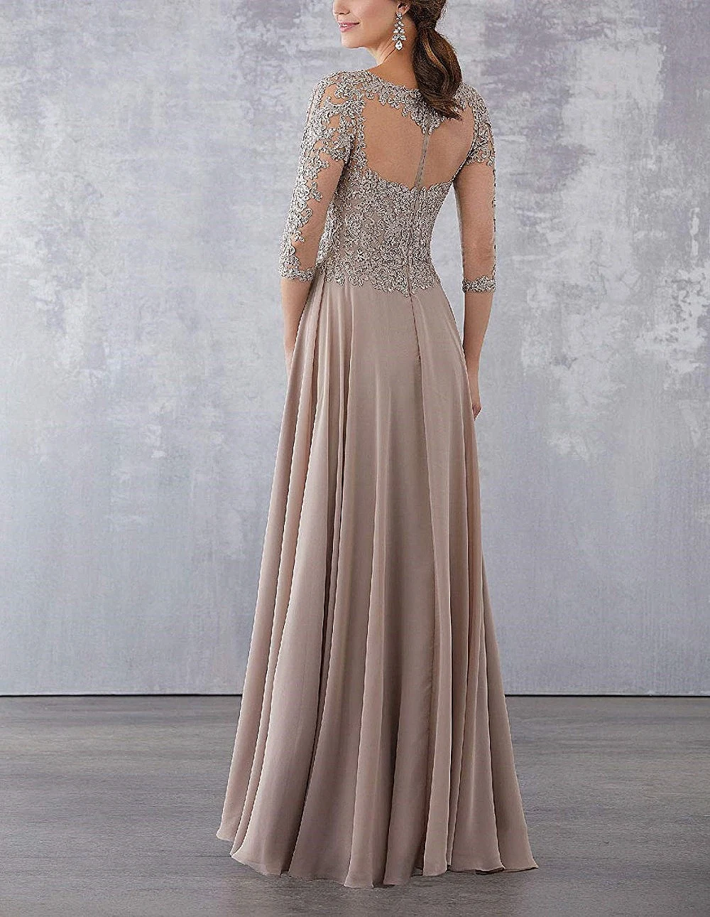 Purple Lace Applique Beaded Mother of the Bride Dresses Three Quarter Sleeve Long Chiffon Evening Formal Mother Dress mother bride dresses